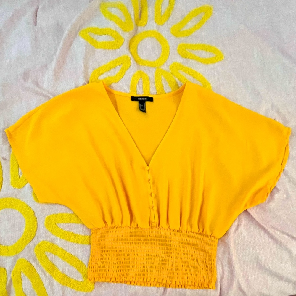 SOLD - NWOT Forever 21 Yellow Smocked Crop Fake Button Flounce Blouse Size S